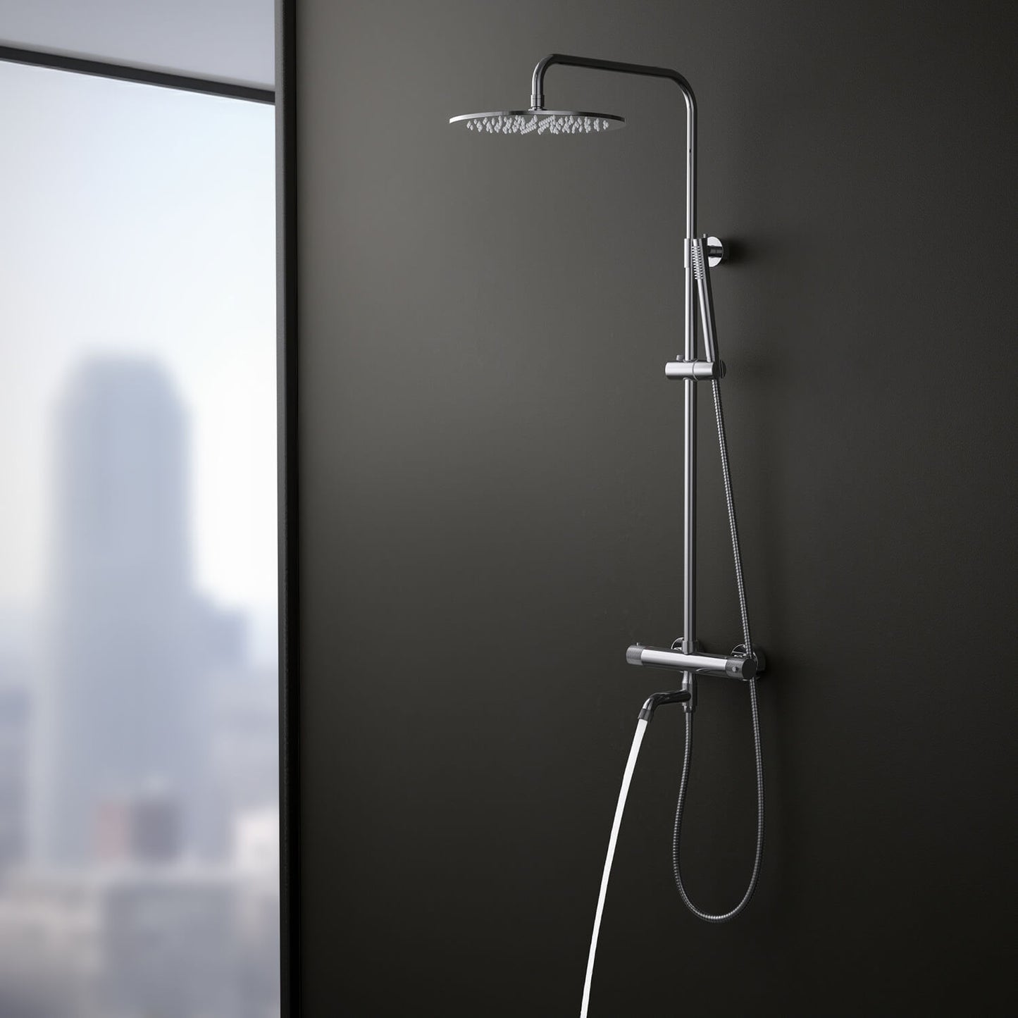 Aquavit AT107301 chrome shower column with swivel brass bath spout in use