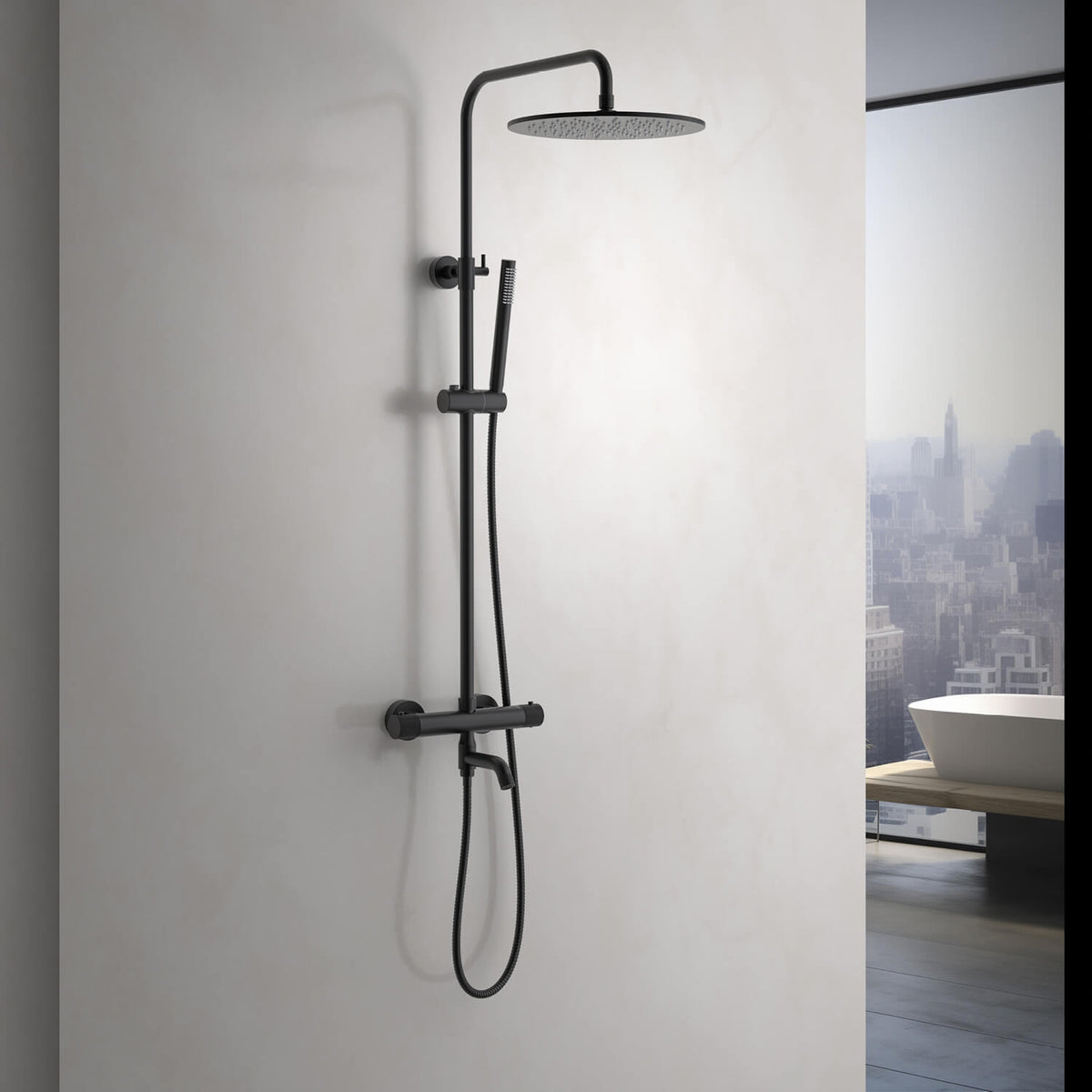 Aquavit Circular X matte black thermostatic shower column installed in a contemporary bathroom