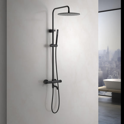 Aquavit Circular X matte black thermostatic shower column installed in a contemporary bathroom
