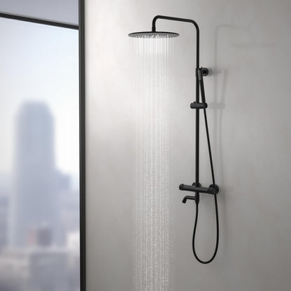 Aquavit AT107301 matte black thermostatic shower column with overhead shower running in a modern bathroom