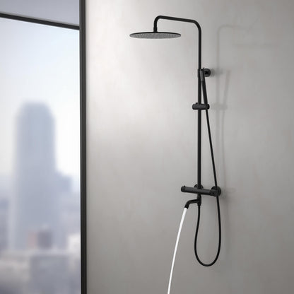 Aquavit AT107301 matte black shower column with swivel brass bath spout in use
