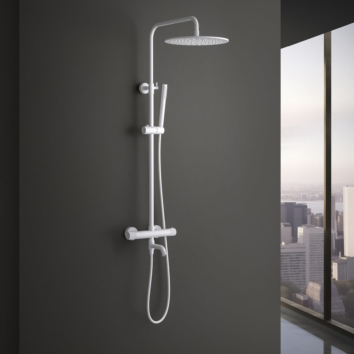 Aquavit Circular X  Matte White thermostatic shower column installed in a modern bathroom