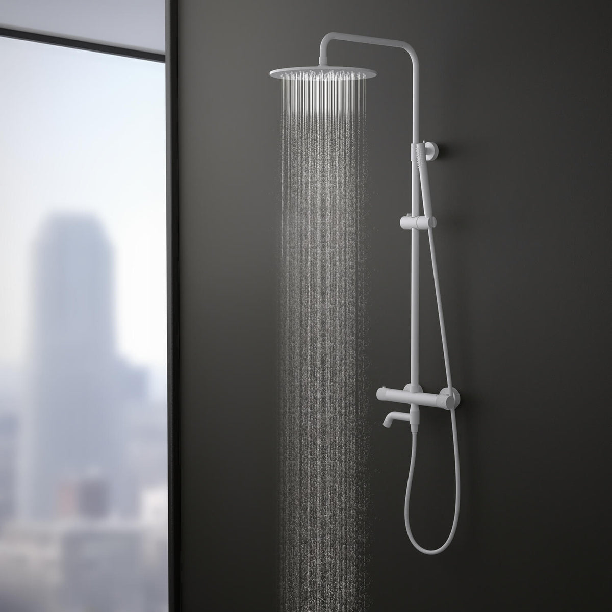 Aquavit AT107301 Matte White shower column with swivel brass bath spout in use