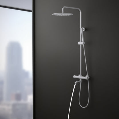 Aquavit Circular X Matte White thermostatic shower column installed in a modern bathroom