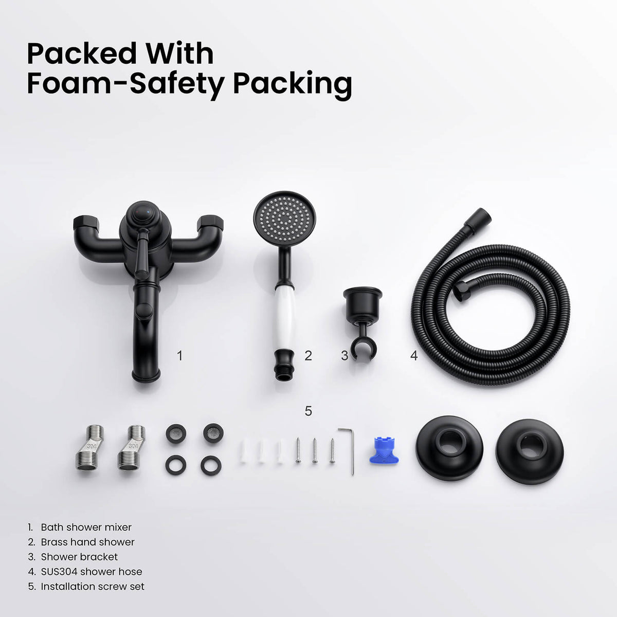 Aquavit Victoria matte black bath shower mixer set with components and installation hardware AT152201