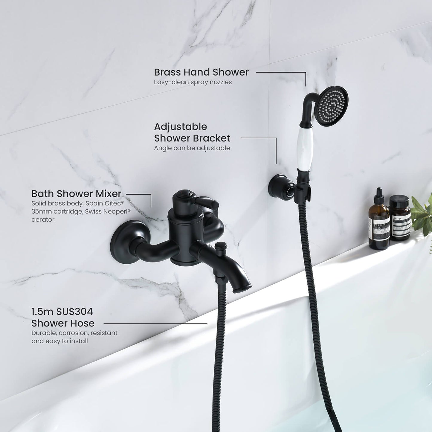 Aquavit Victoria bath shower mixer set with brass hand shower, brass bracket and SUS304 hose AT152201