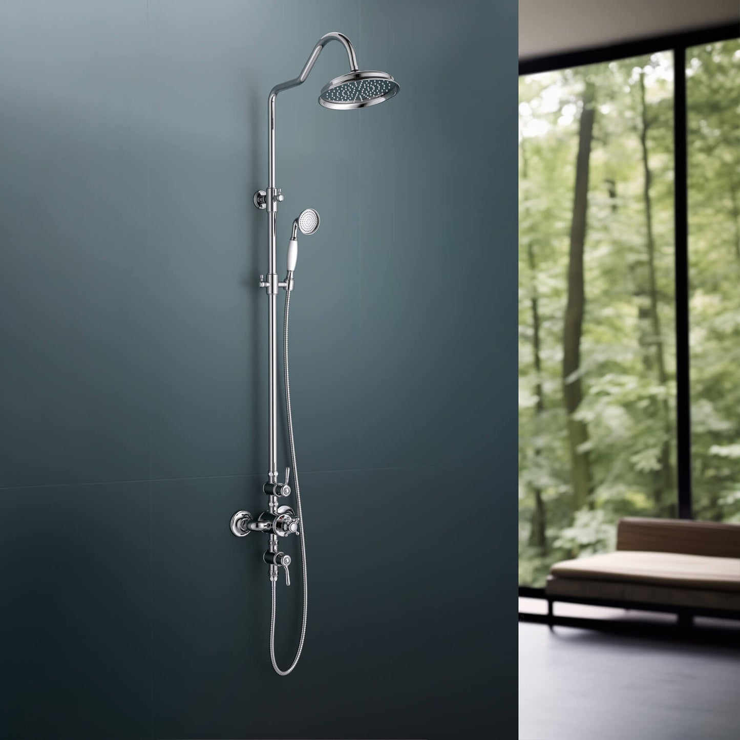 Aquavit Victoria chrome thermostatic shower column installed in modern bathroom