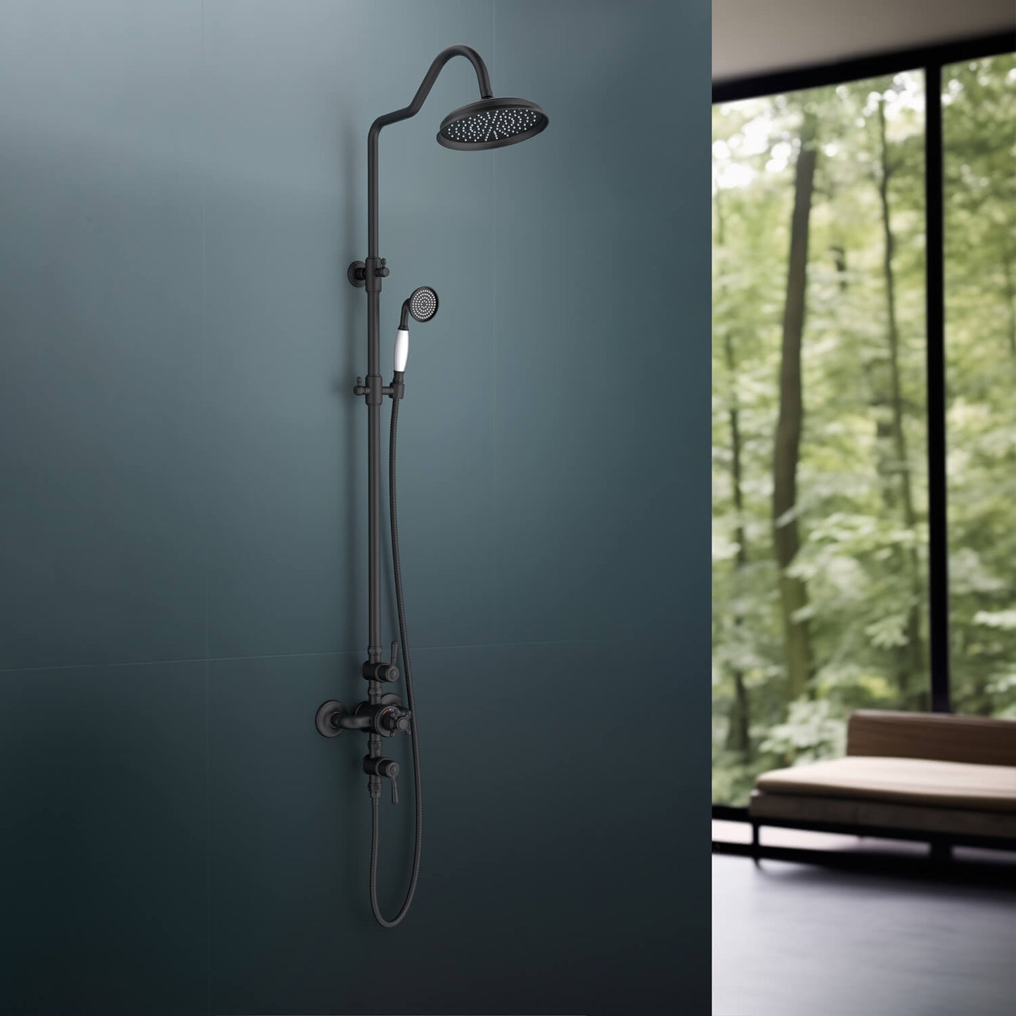 Aquavit Victoria matte black thermostatic shower column in luxury bathroom