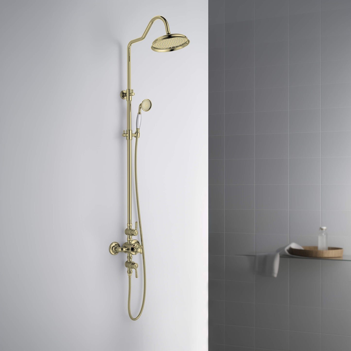 Aquavit Victoria brushed gold thermostatic shower column in modern bathroom