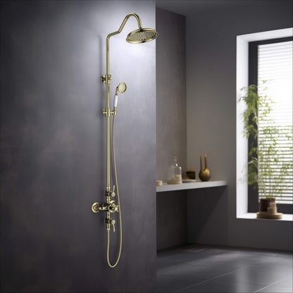 Aquavit Victoria brushed gold shower column installed in luxury bathroom