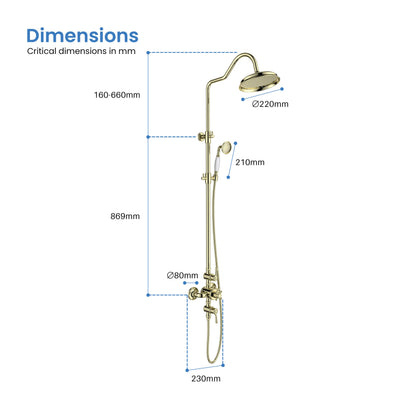 Aquavit Victoria AT157201 thermostatic shower column dimensions and installation drawing