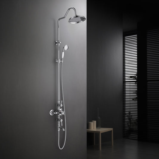 Aquavit Victoria chrome thermostatic shower column installed in dark bathroom