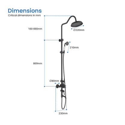 Aquavit Victoria AT157301 thermostatic shower column dimensions and installation drawing
