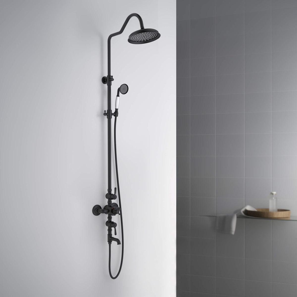 Aquavit Victoria matte black shower column installed against light bathroom wall