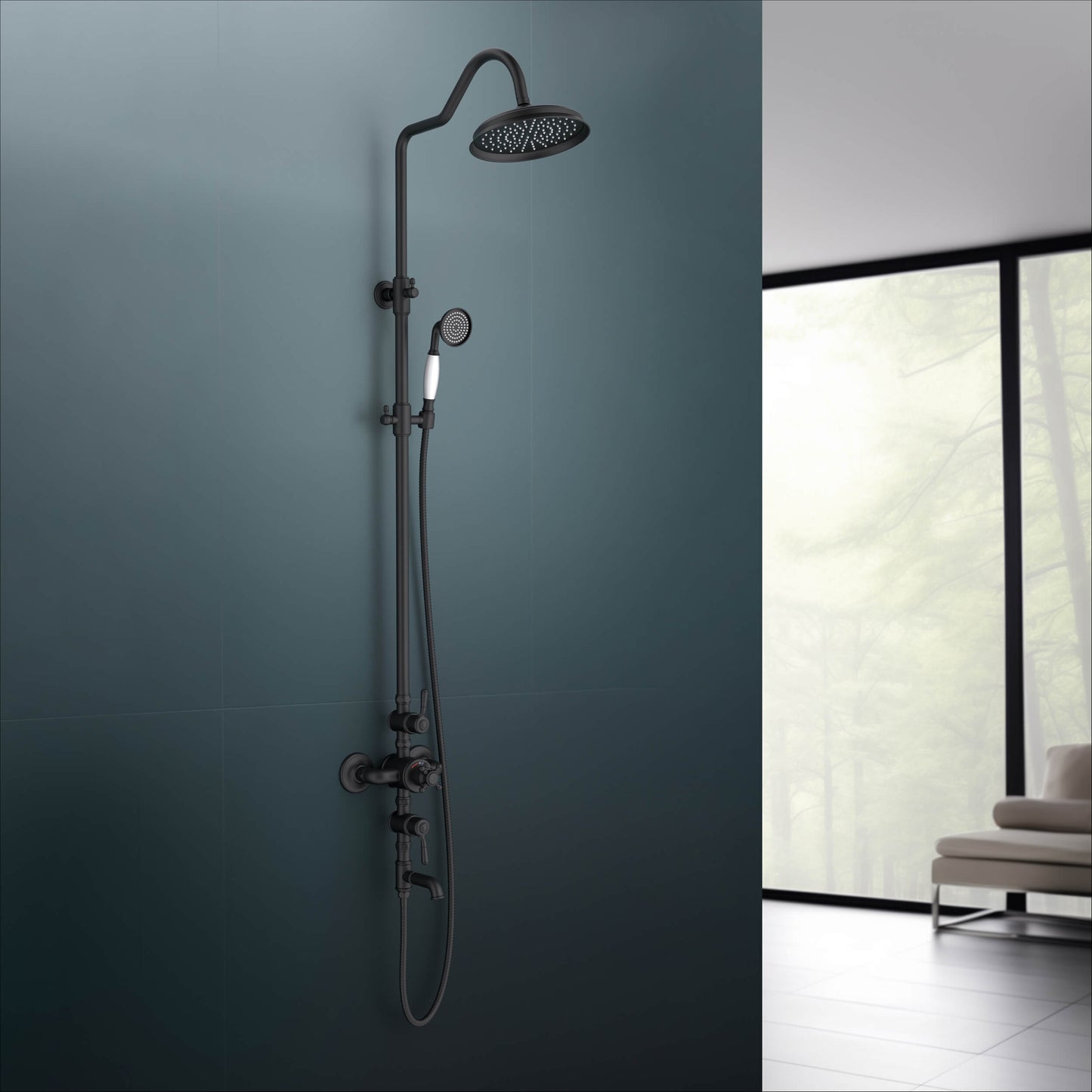 Aquavit Victoria matte black thermostatic shower column in contemporary bathroom