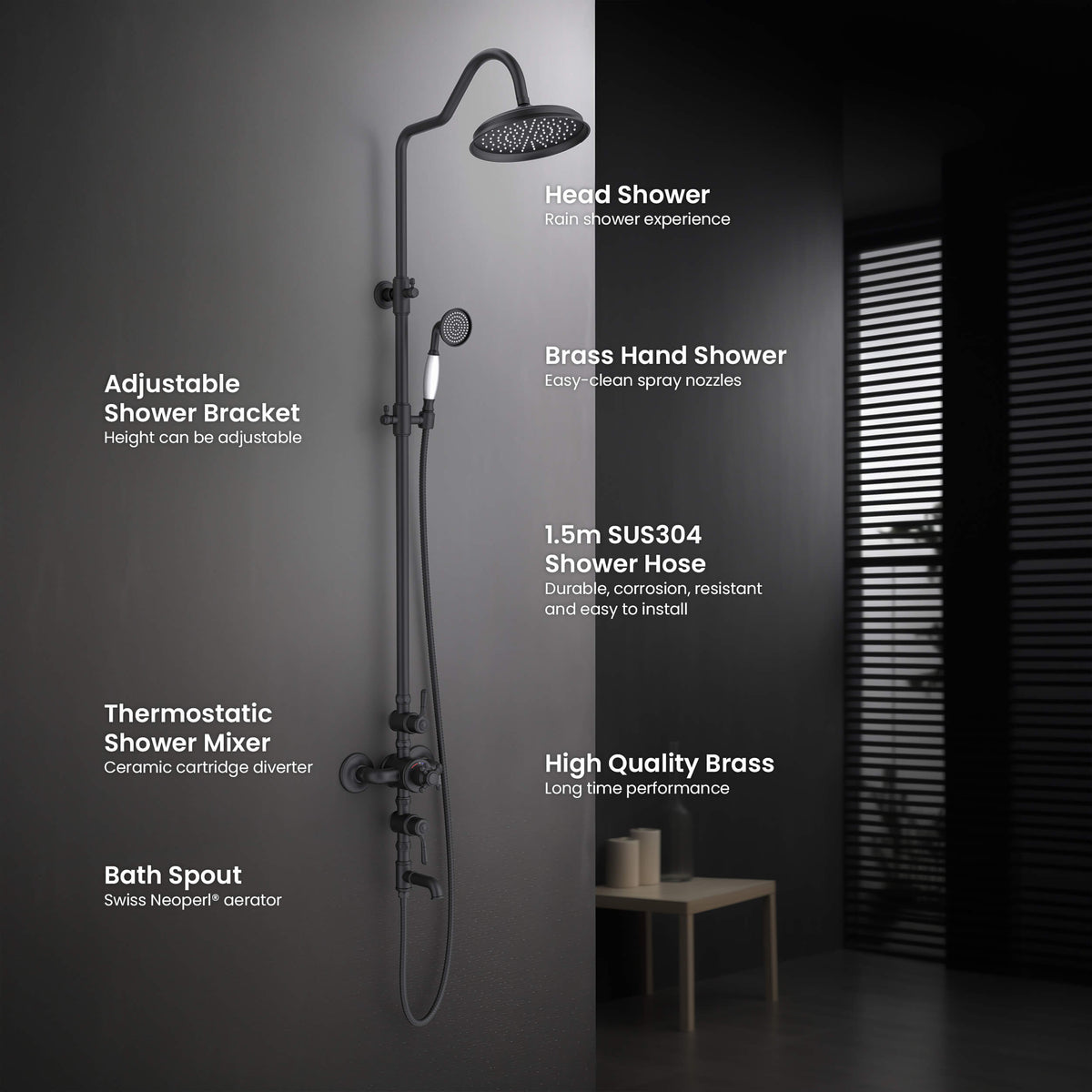 Aquavit Victoria thermostatic shower column components and features AT157301