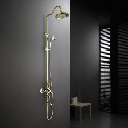 Aquavit Victoria polished gold thermostatic shower column installed in dark bathroom