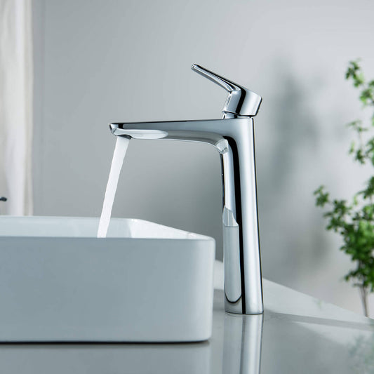 Aquavit Harmony chrome vessel sink faucet installed beside a white vessel sink