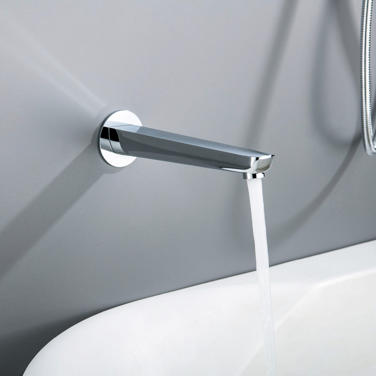 Aquavit Harmony chrome wall-mounted bath spout installed above a modern bathtub