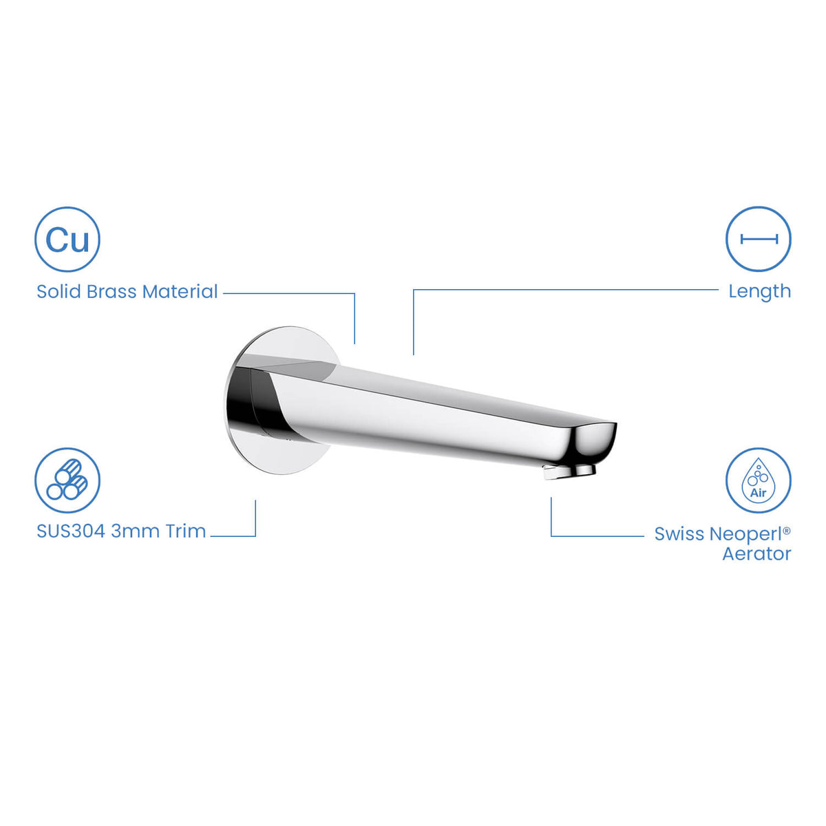 Aquavit Harmony solid brass bath spout with Swiss Neoperl aerator and SUS304 trim plate
