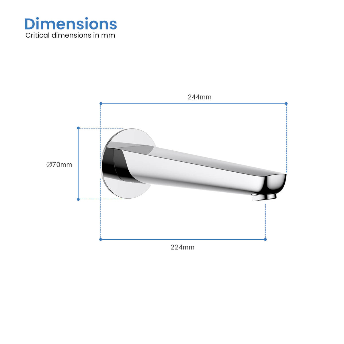 Aquavit Harmony AT220055 bath spout dimensions with 224 mm outlet reach and Ø70 mm trim plate