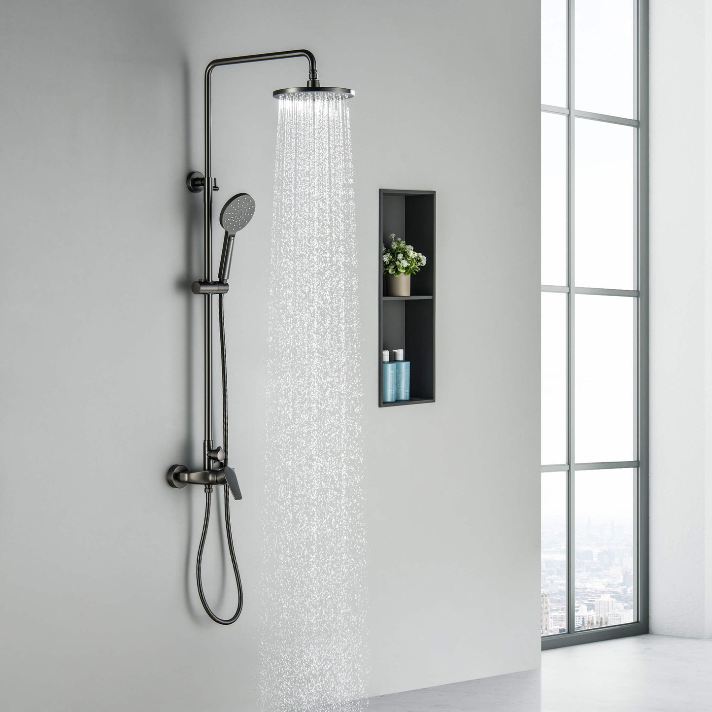 Aquavit Harmony Brushed Gunmetal shower column with overhead rainfall shower