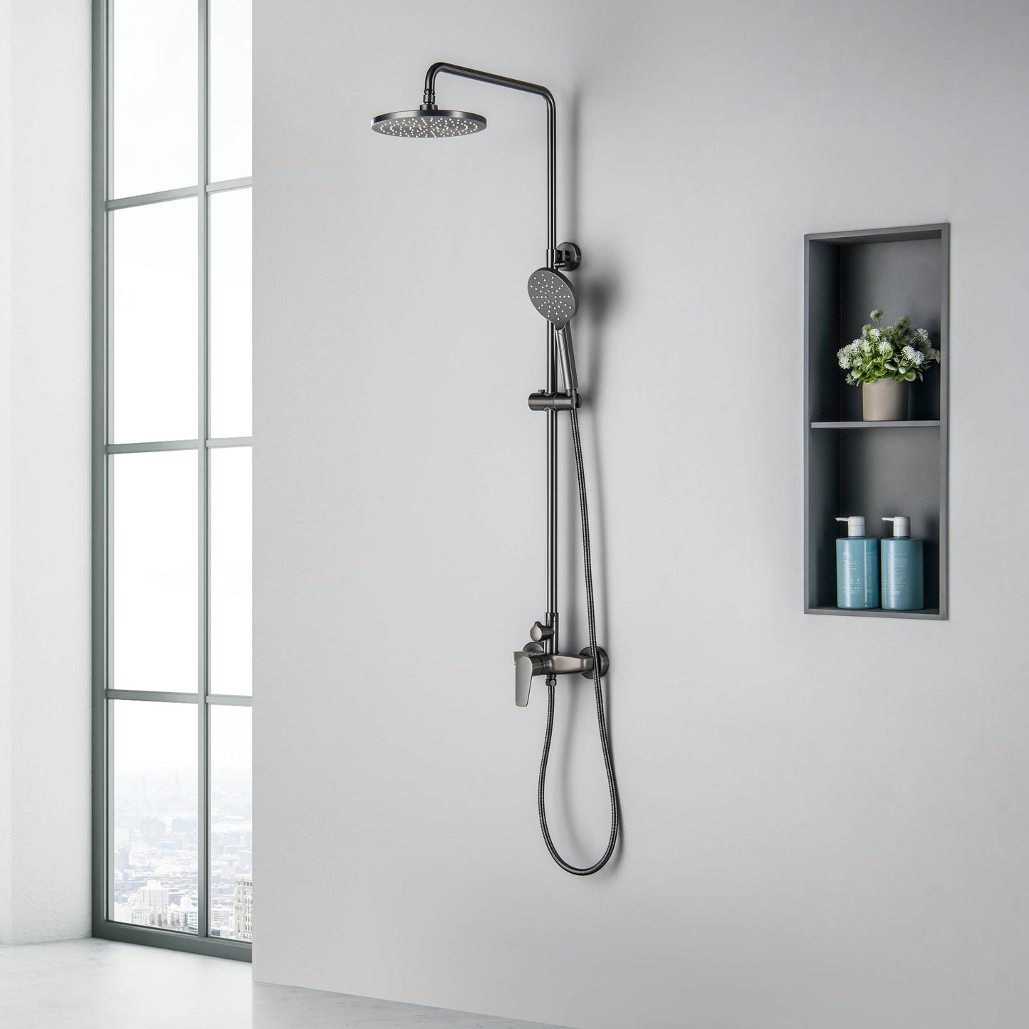 Aquavit Harmony brushed gunmetal shower column in modern bathroom