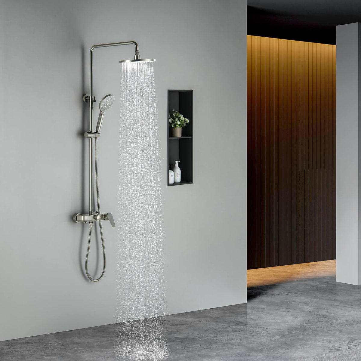 Aquavit Harmony Brushed Nickel three-outlet shower column with overhead rainfall flow