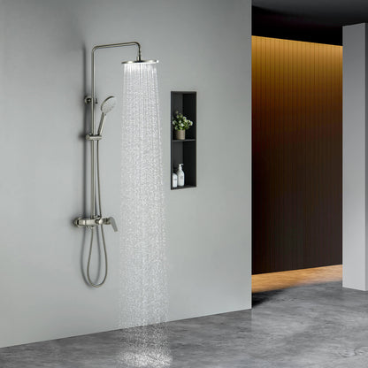 Aquavit Harmony Brushed Nickel three-outlet shower column with overhead rainfall flow