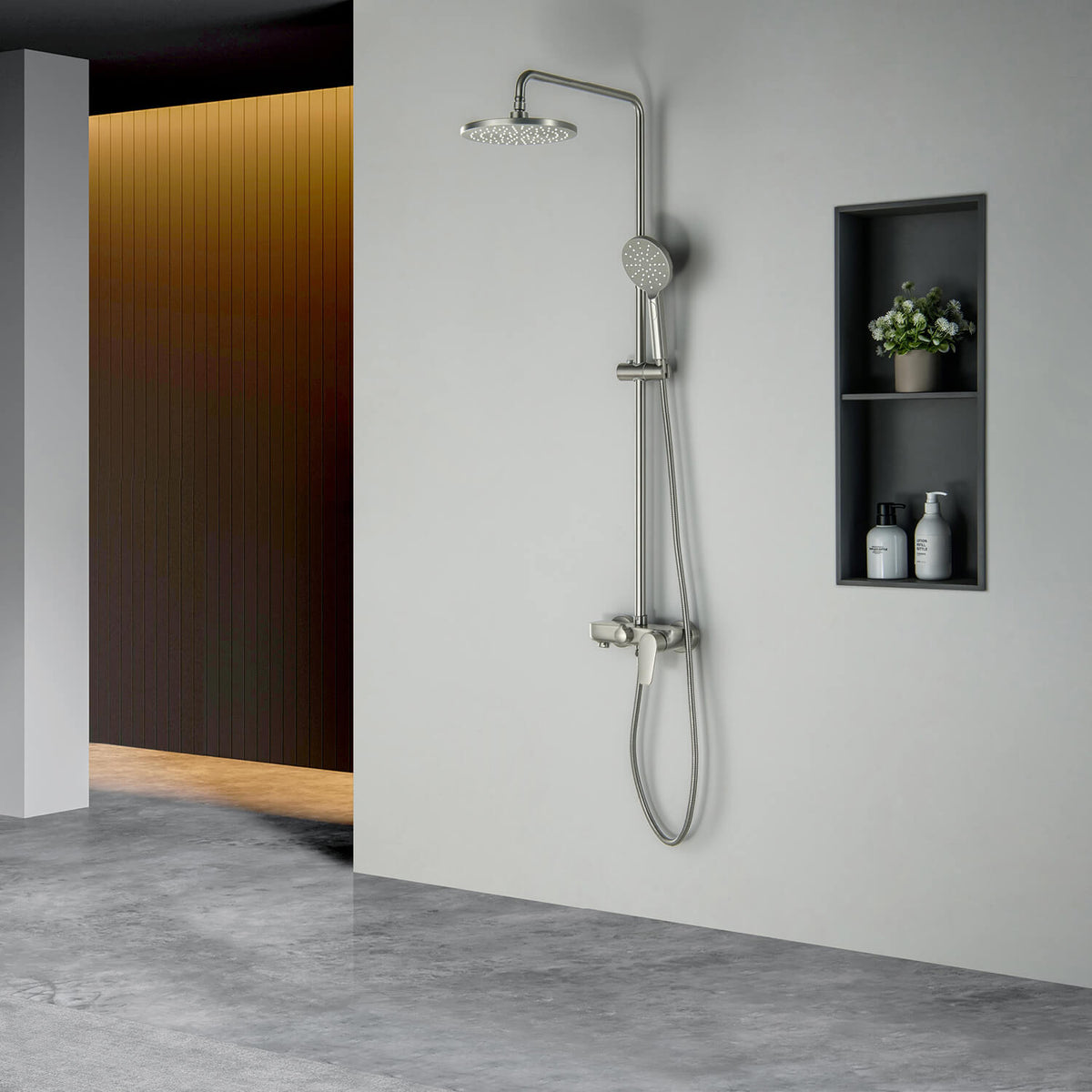 Aquavit Harmony Brushed Nickel shower column installed in a modern walk-in shower