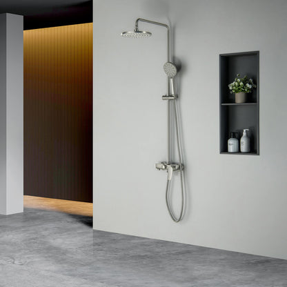 Aquavit Harmony Brushed Nickel shower column installed in a modern walk-in shower
