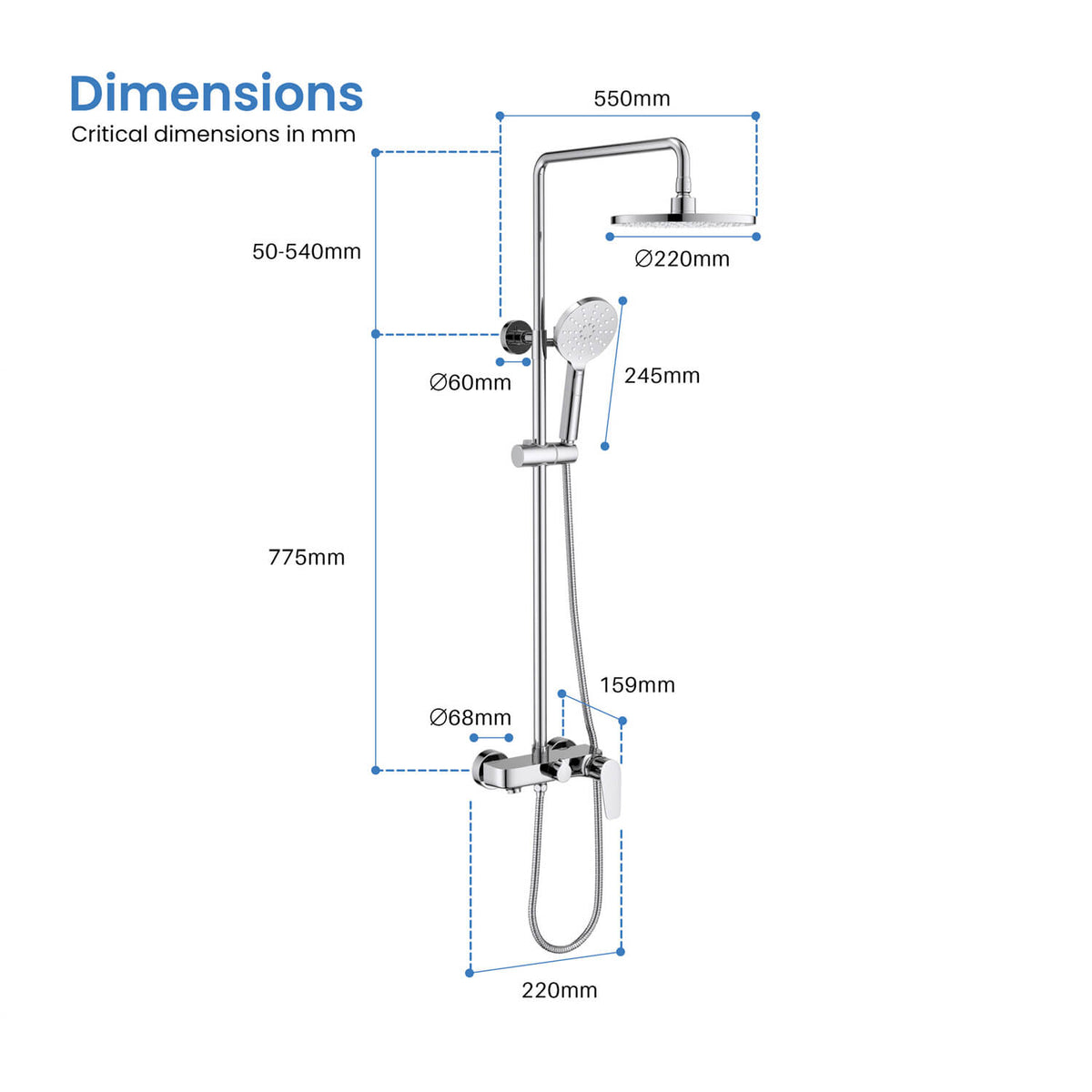 Aquavit Harmony AT226301 shower column dimensions and G1/2 installation drawing