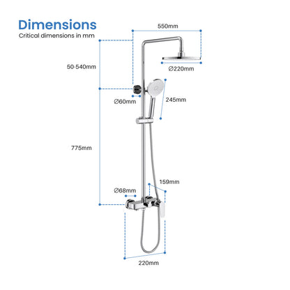 Aquavit Harmony AT226301 shower column dimensions and G1/2 installation drawing