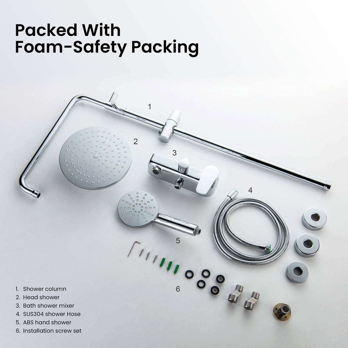 Aquavit Harmony shower column components and installation accessories with protective packaging