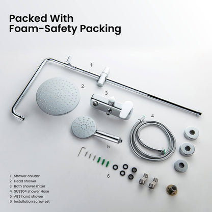 Aquavit Harmony shower column components and installation accessories with protective packaging
