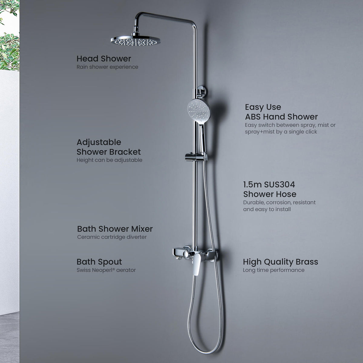 Aquavit Harmony three-outlet shower column with adjustable bracket and SUS304 hose