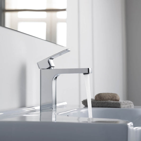 Aquavit Infinity chrome basin faucet installed on a modern bathroom sink