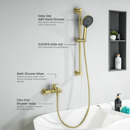 Aquavit Sense bath shower mixer set with stainless steel slide rail and PVC hose