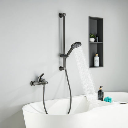 Aquavit Sense brushed gunmetal bath shower mixer installed beside a bathtub
