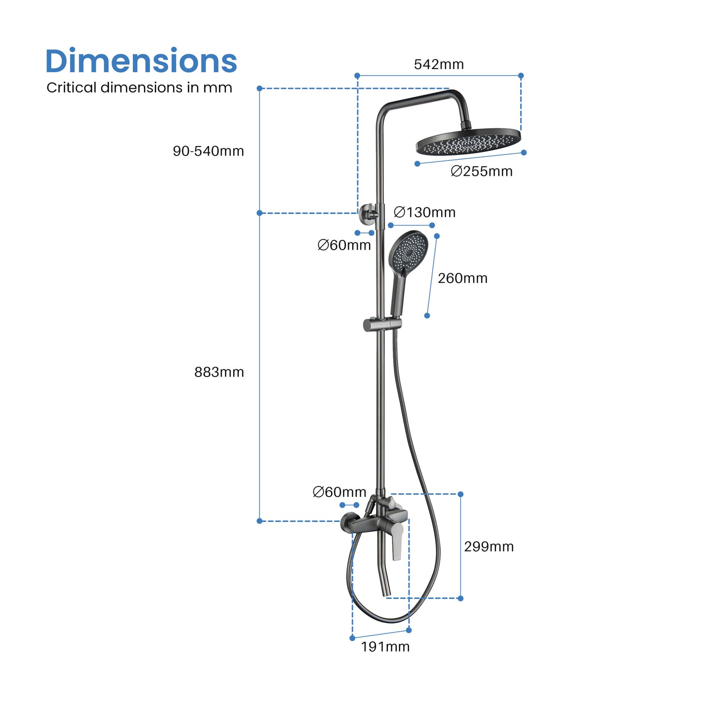 Aquavit Sense AT426100 shower column dimensions and installation drawing