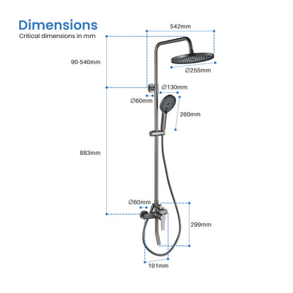 Aquavit Sense AT426100 shower column dimensions and installation drawing