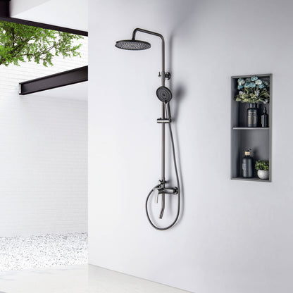 Aquavit Sense Brushed Gunmetal shower column installed beside a bathroom storage niche