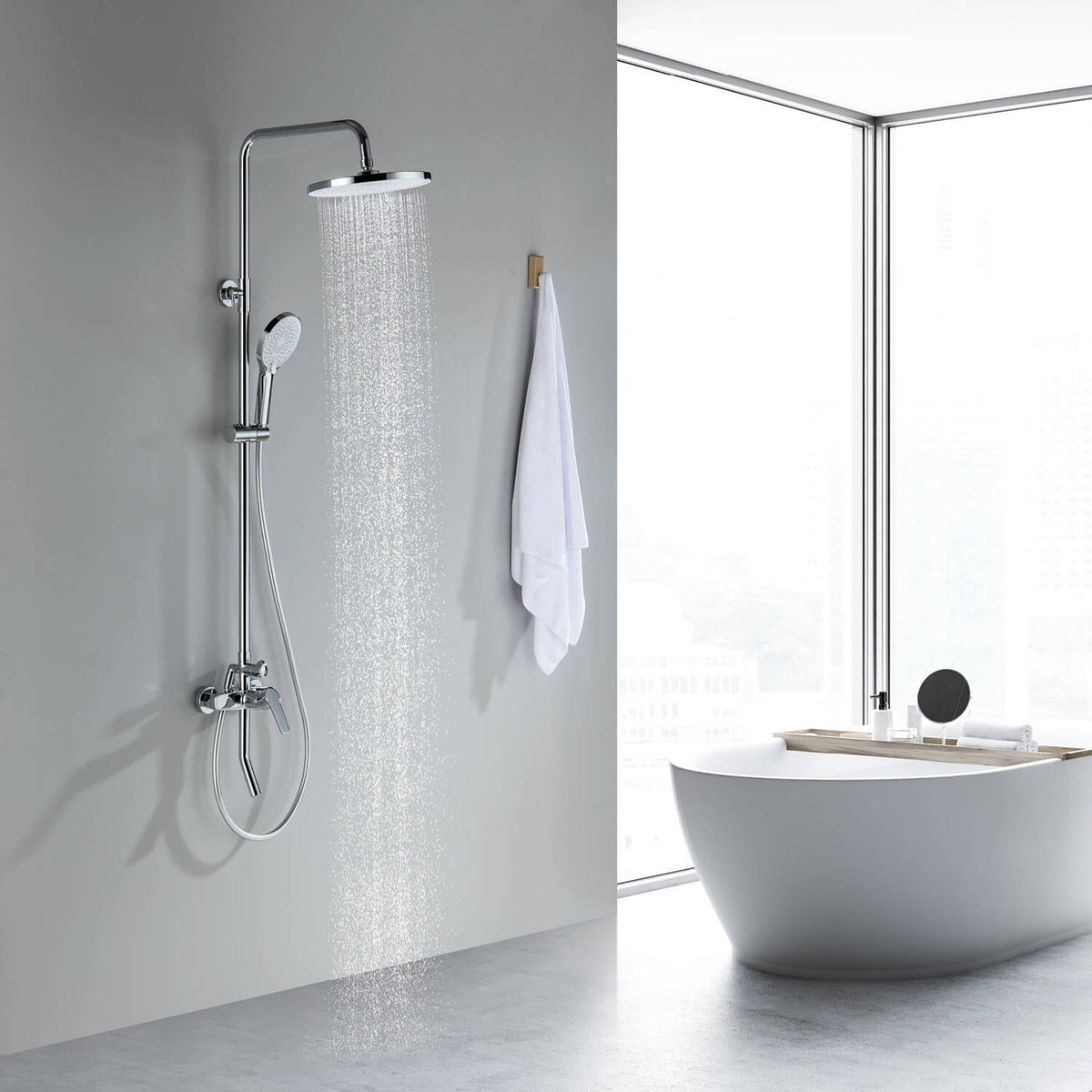 Aquavit Sense chrome shower column installed in a bright modern bathroom