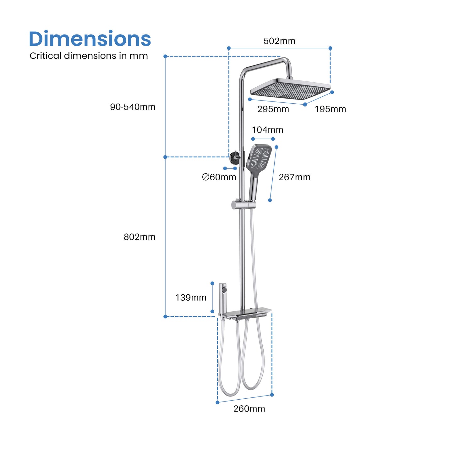 Aquavit Sense AT426200 shower column dimensions and installation drawing
