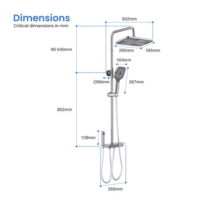 Aquavit Sense AT426200 shower column dimensions and installation drawing