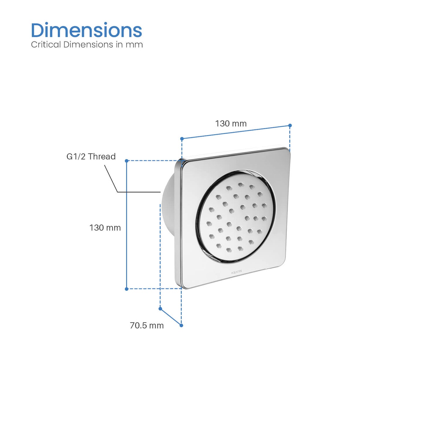 BJ08 chrome 130 mm square brass adjustable body jet dimension drawing