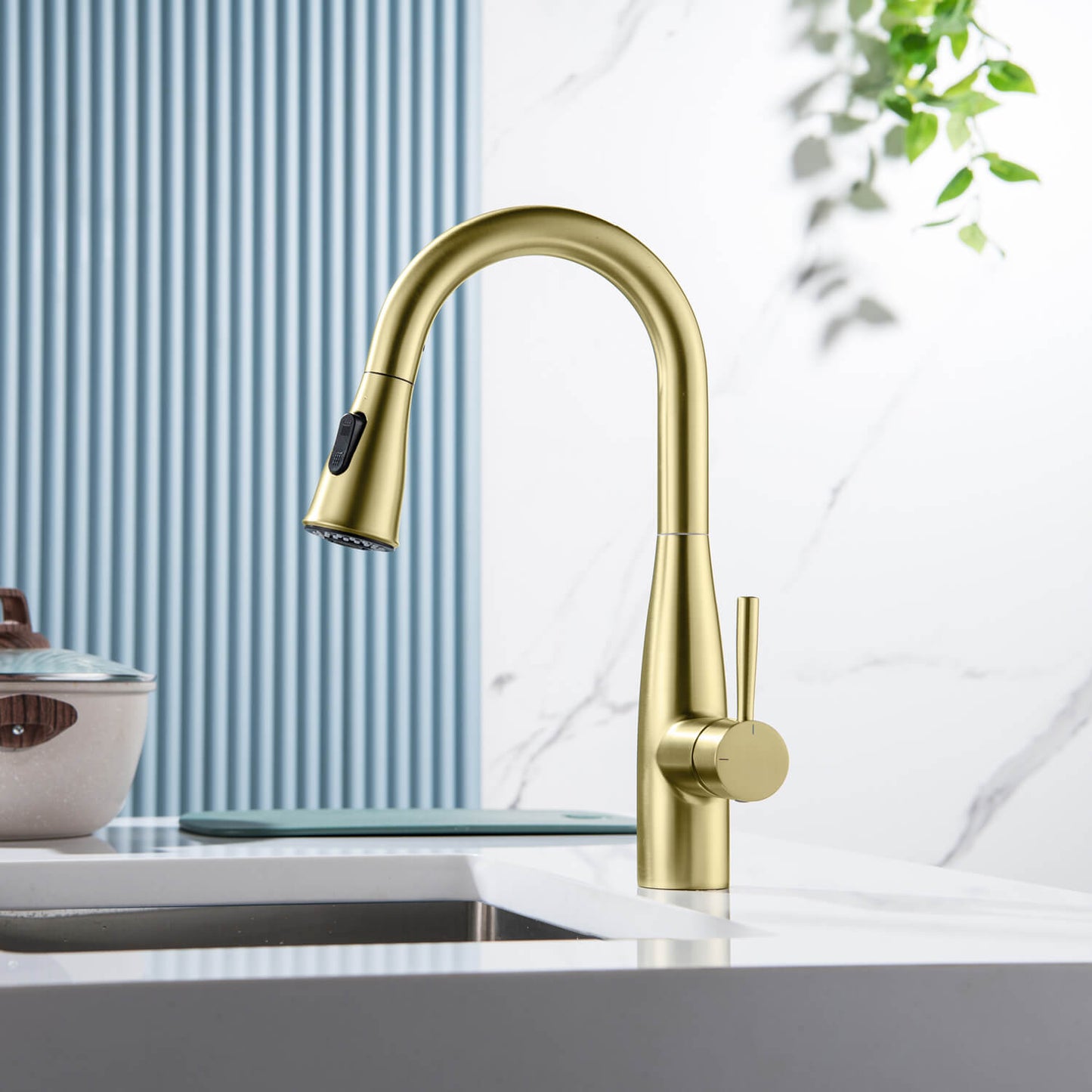Aquavit Sleek Brass Kitchen Faucet with 360° Swivel Spout and Dual-Function Spray KF14102