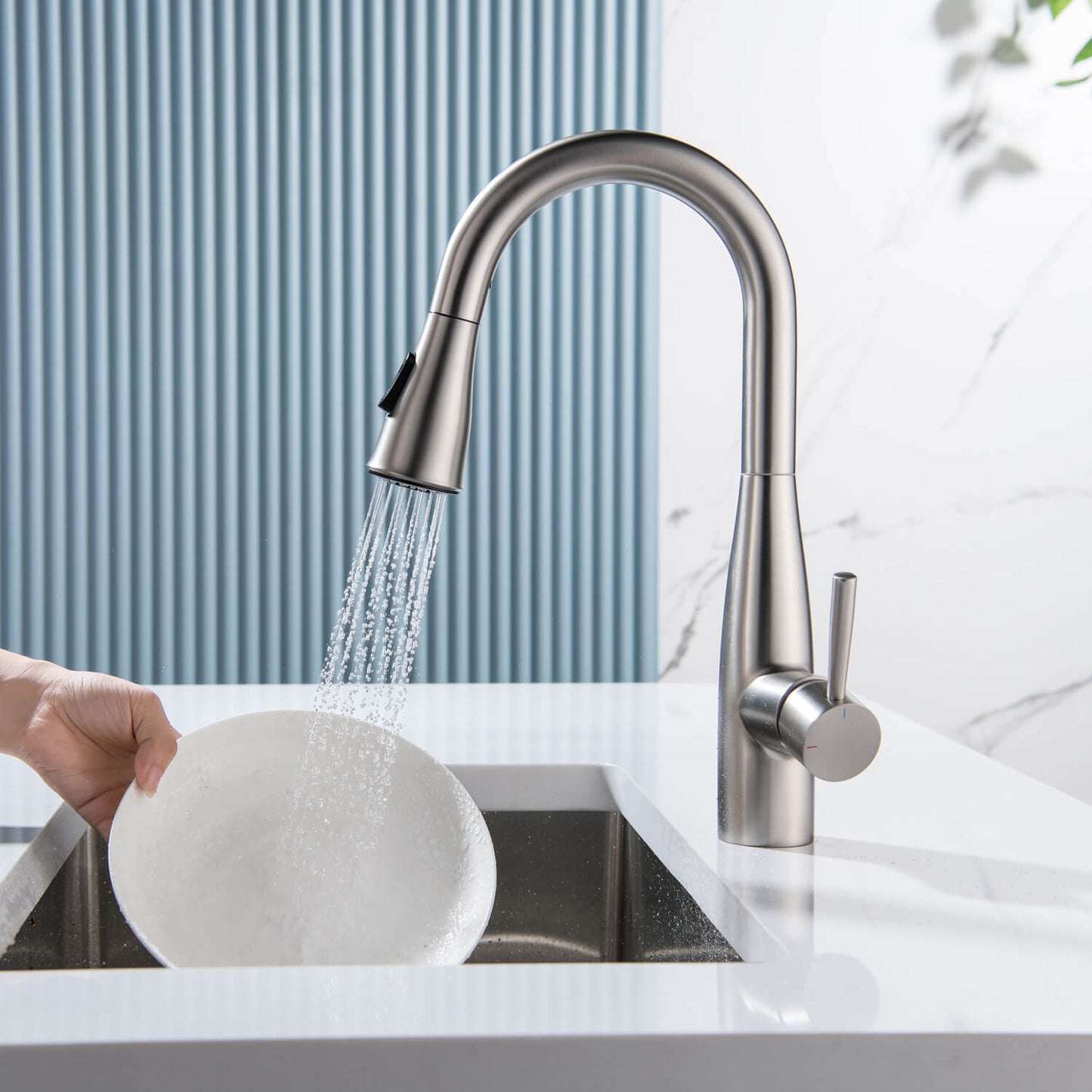 Aquavit Sleek Brass Kitchen Faucet with 360° Swivel Spout and Dual-Function Spray KF14102