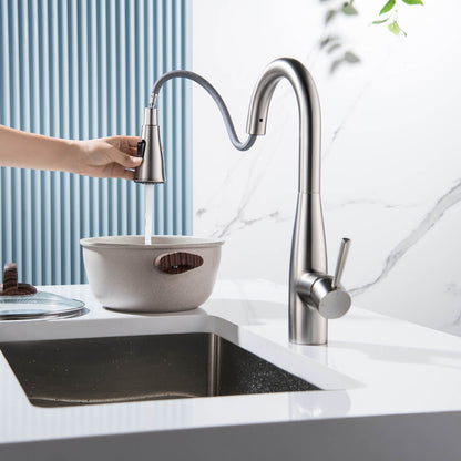 Aquavit Sleek Brass Kitchen Faucet with 360° Swivel Spout and Dual-Function Spray KF14102