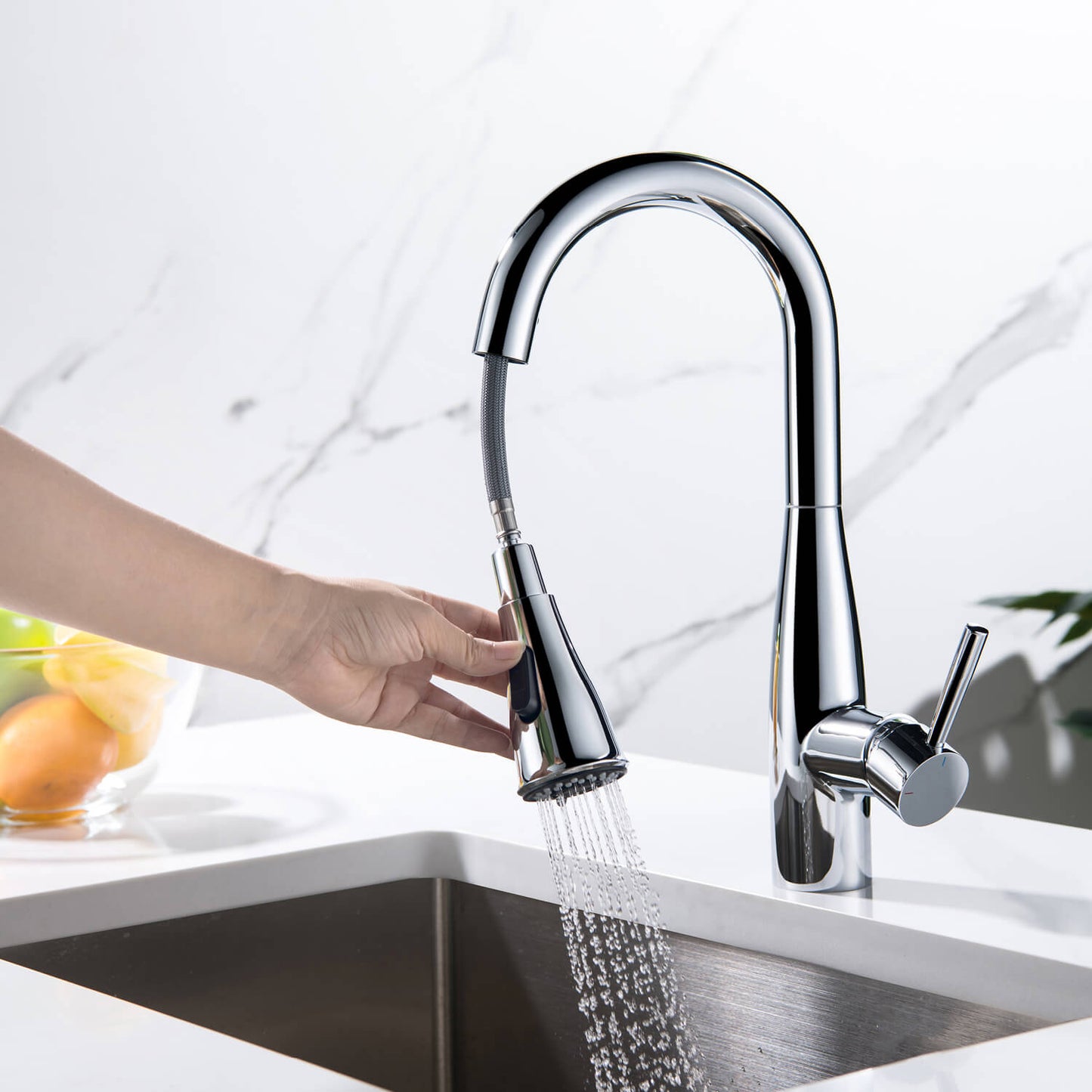 Aquavit Sleek Brass Kitchen Faucet with 360° Swivel Spout and Dual-Function Spray KF14102
